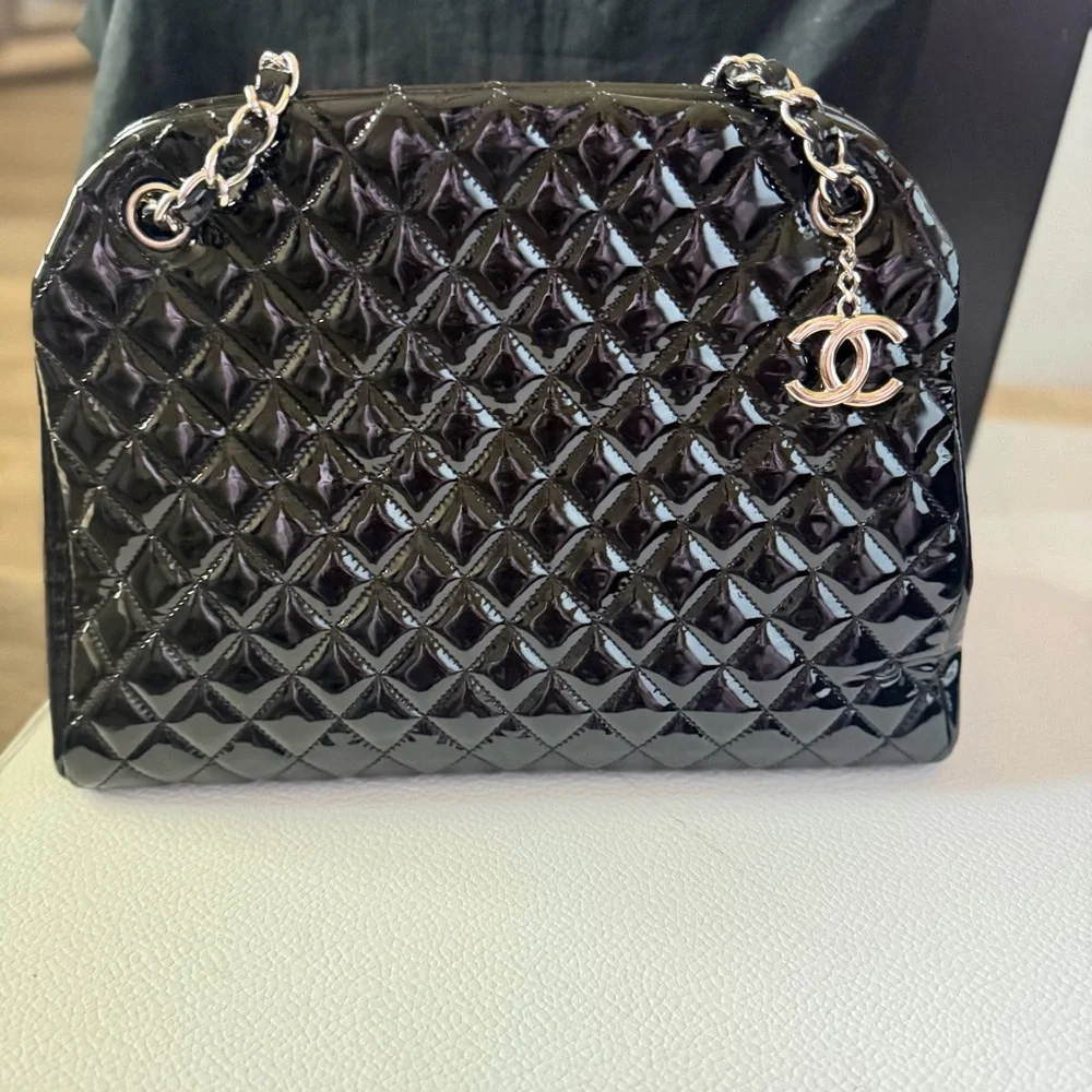 CHANEL Black Quilted Patent Leather Just Mademoiselle Bag (Excellent)